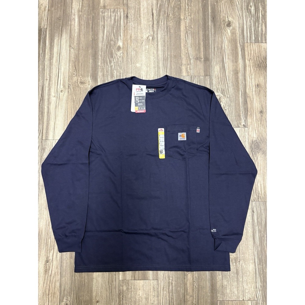 Carhartt Force FR Long Sleeve Navy Blue Workwear Loose Fit Shirt Size L CAT 2